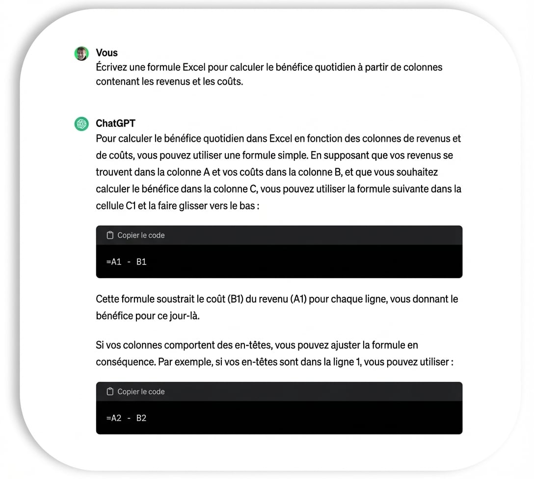 Exemple de ChatGPT générant du code Python pour charger une feuille de calcul Excel.