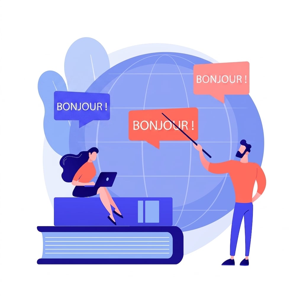 Illustration représentant deux personnes et le mot « hello » écrit dans plusieurs langues