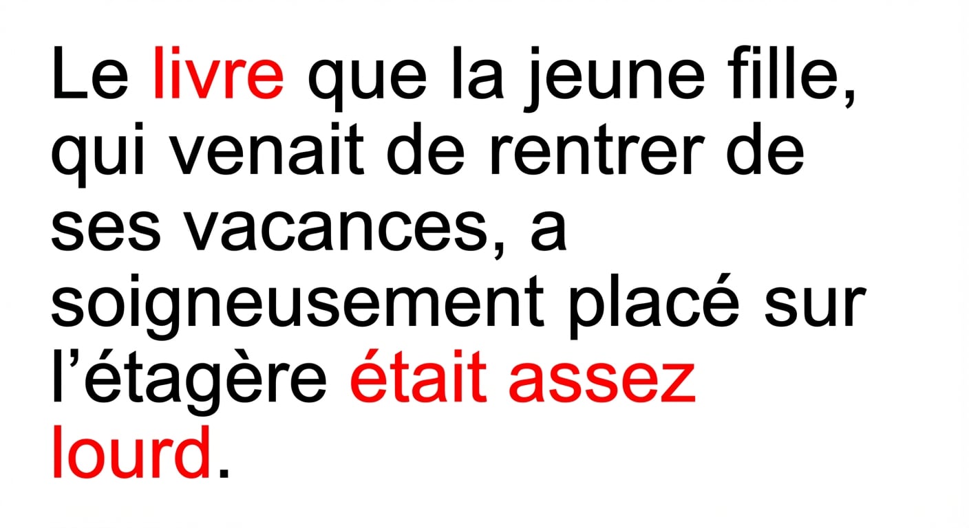 Exemple de dépendance de mots éloignés : « Le livre que la jeune fille, qui venait de rentrer de vacances, posa soigneusement sur l'étagère était assez lourd. »