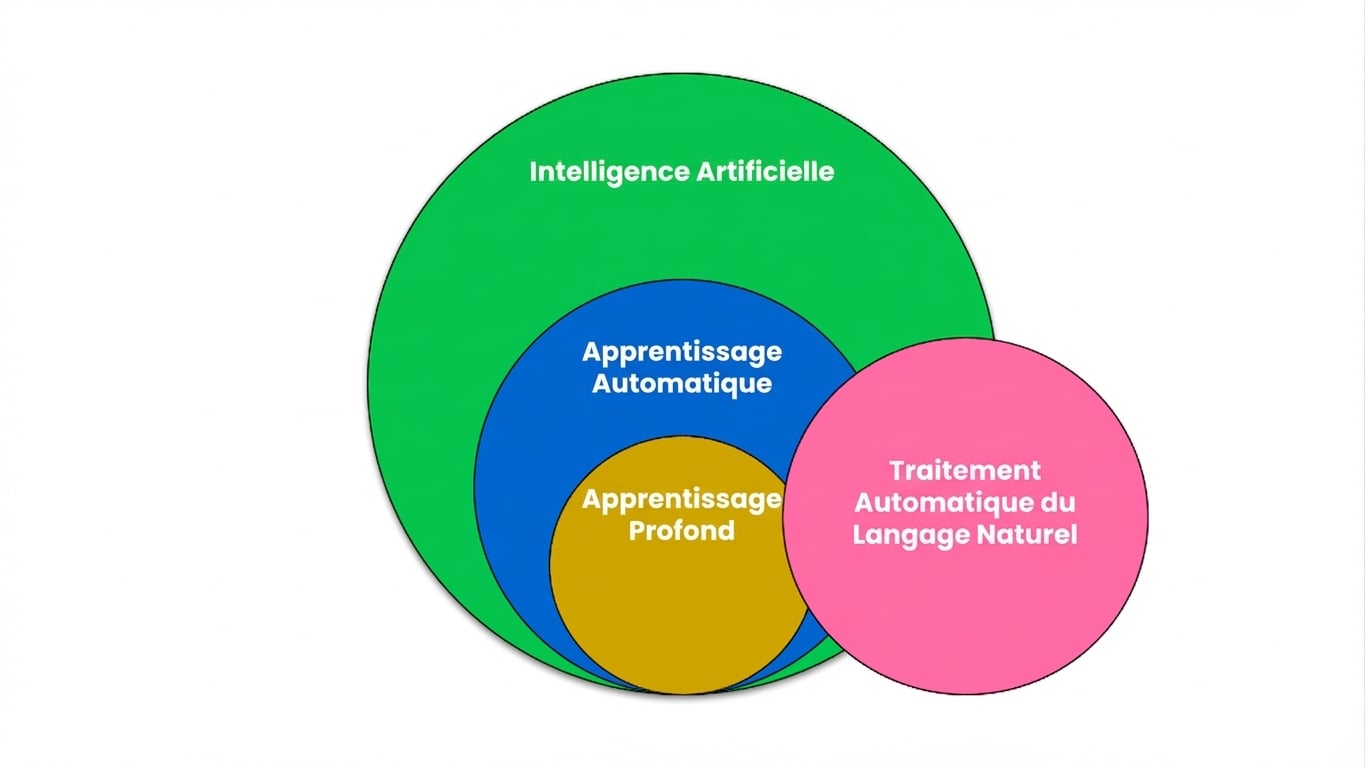 Un diagramme de Venn illustrant le traitement du langage naturel dans le cadre du machine learning et du deep learning.