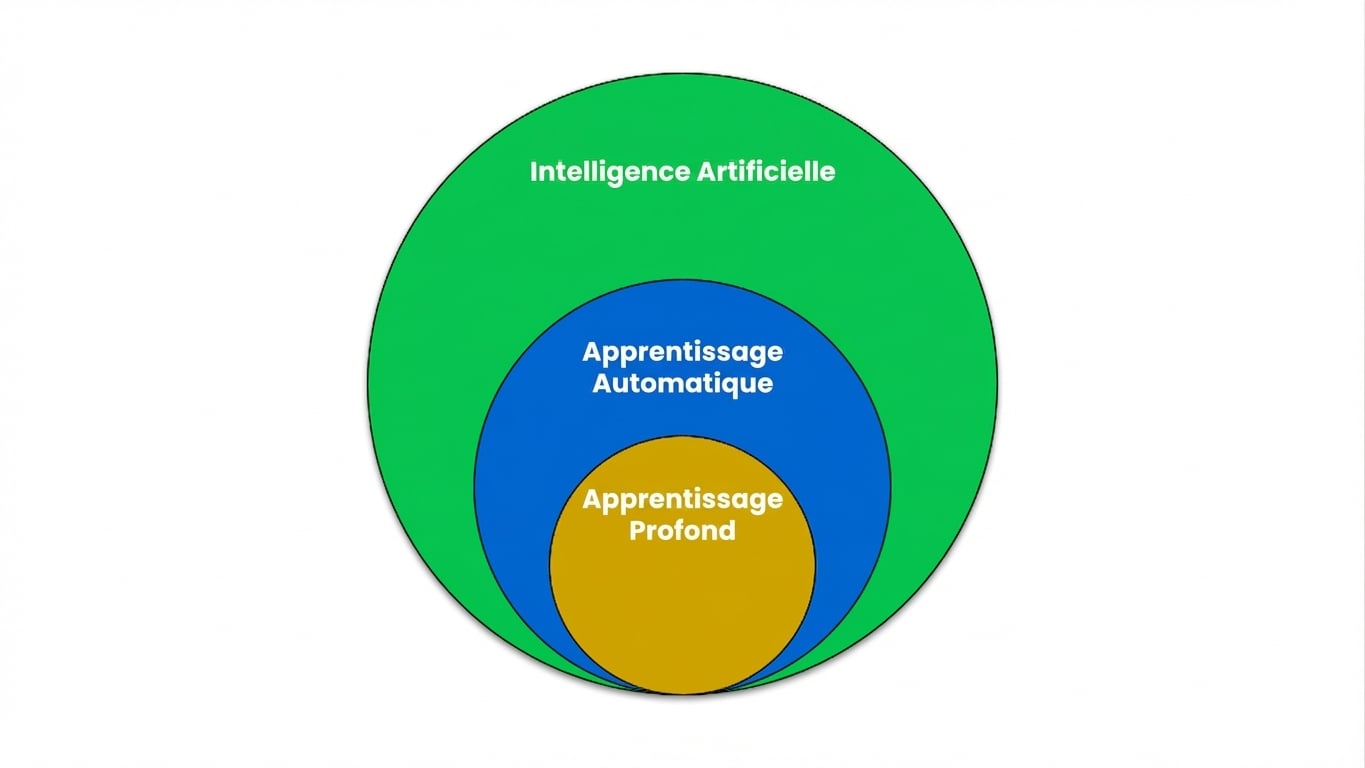 Un diagramme de Venn illustrant que le machine learning est un sous-ensemble de l'intelligence artificielle, et que le deep learning est un sous-ensemble du machine learning.