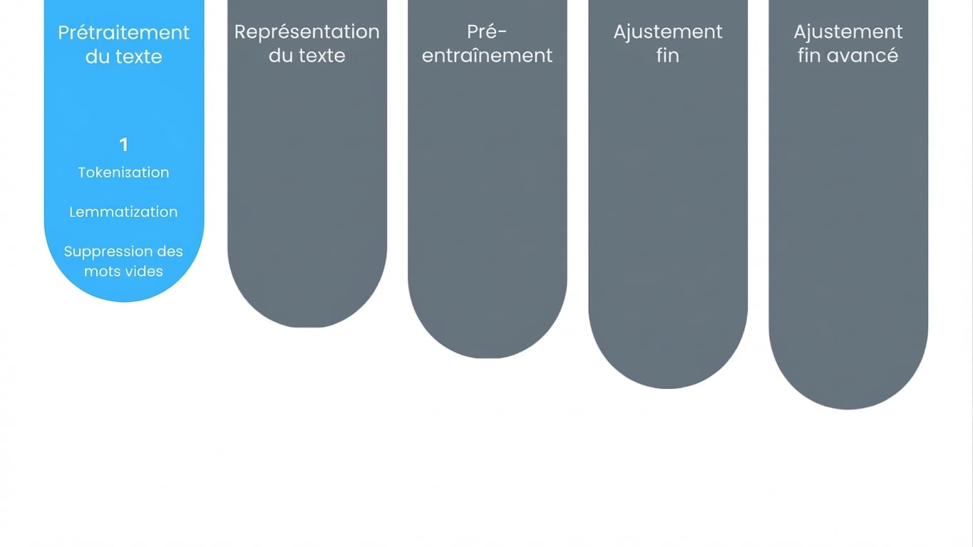 Tableau de progression illustrant la première étape, à savoir le prétraitement du texte.
