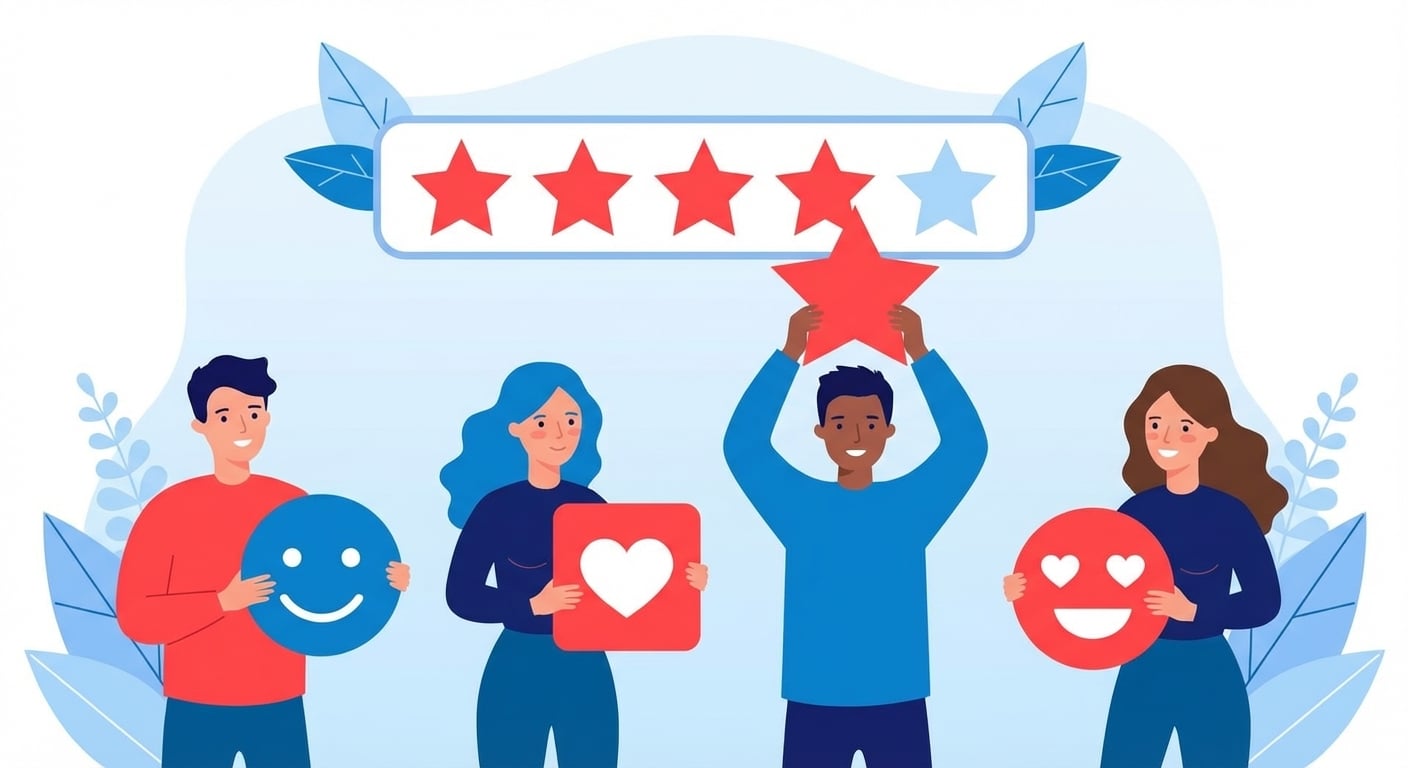 Illustration représentant quatre personnes exprimant des commentaires positifs à l'aide d'émoticônes et d'étoiles.