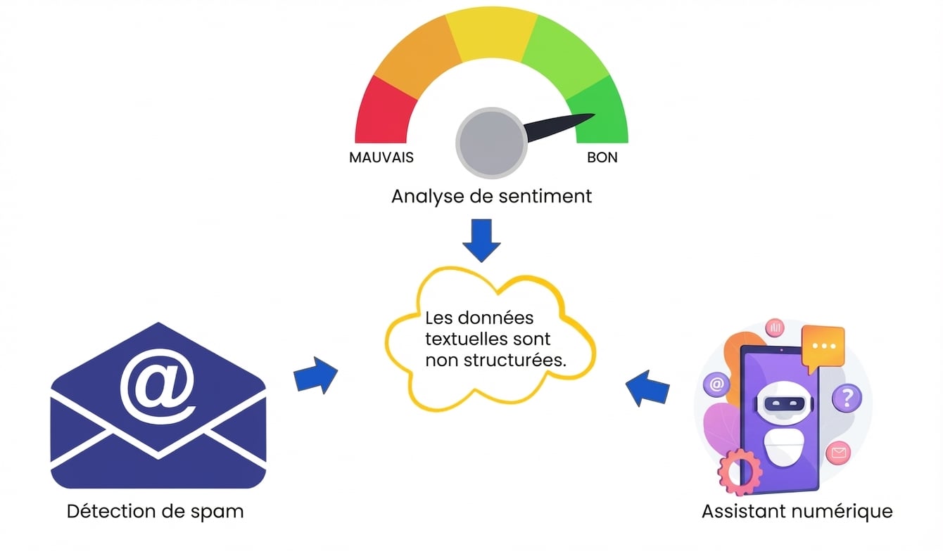 Une image illustrant l'analyse des sentiments, la détection des spams et les assistants numériques