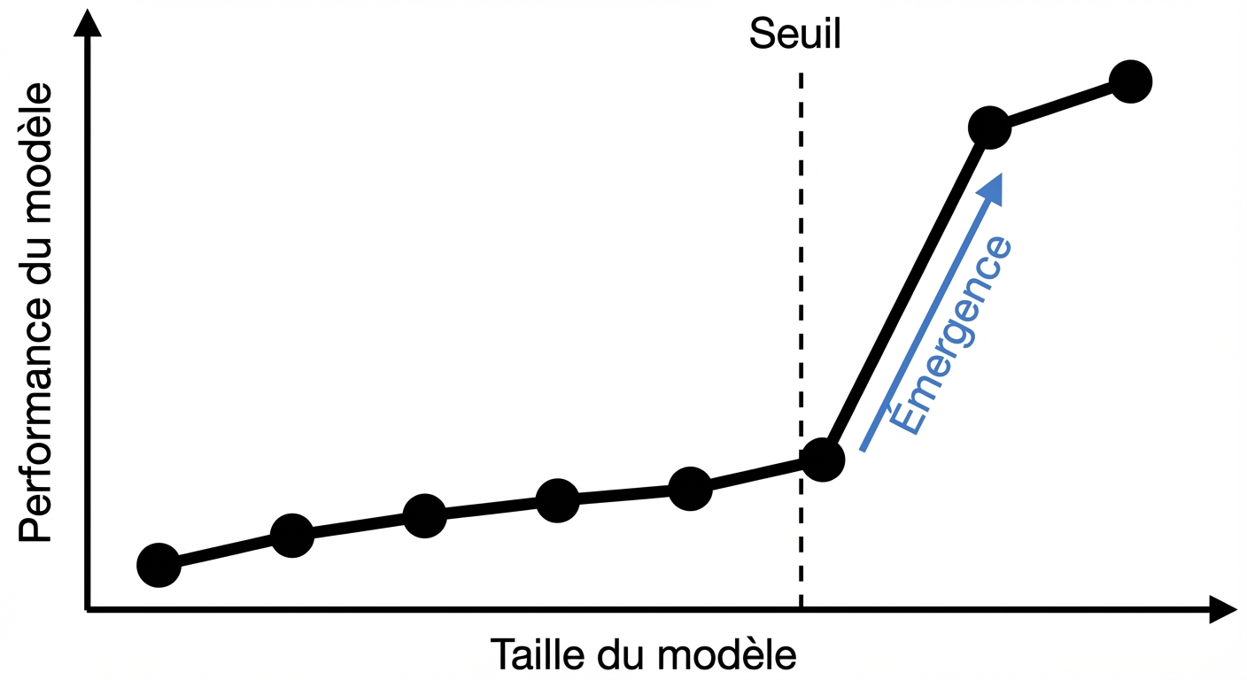 Graphique illustrant l'amélioration soudaine des performances du modèle lorsque son échelle dépasse un seuil de transition.