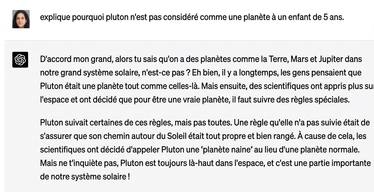Exemple de conversation expliquant à un enfant de 5 ans pourquoi Pluton ne fait pas partie du système solaire.
