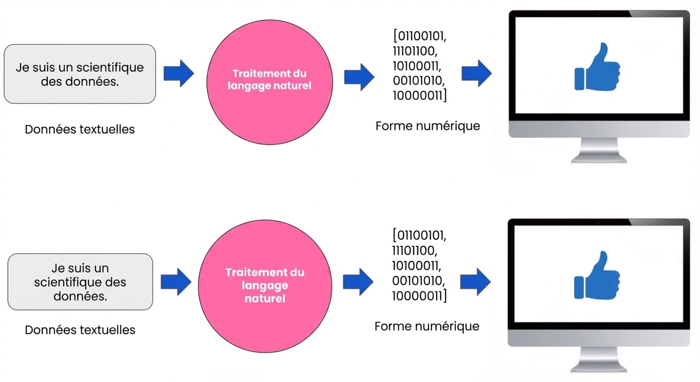 Une image illustrant le NLP comme un pont entre le texte et les chiffres, qui sont ensuite interprétés par l'ordinateur.
