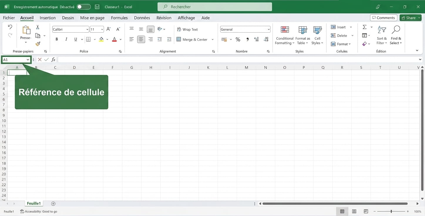 Fichier Excel mettant en évidence la référence de cellule