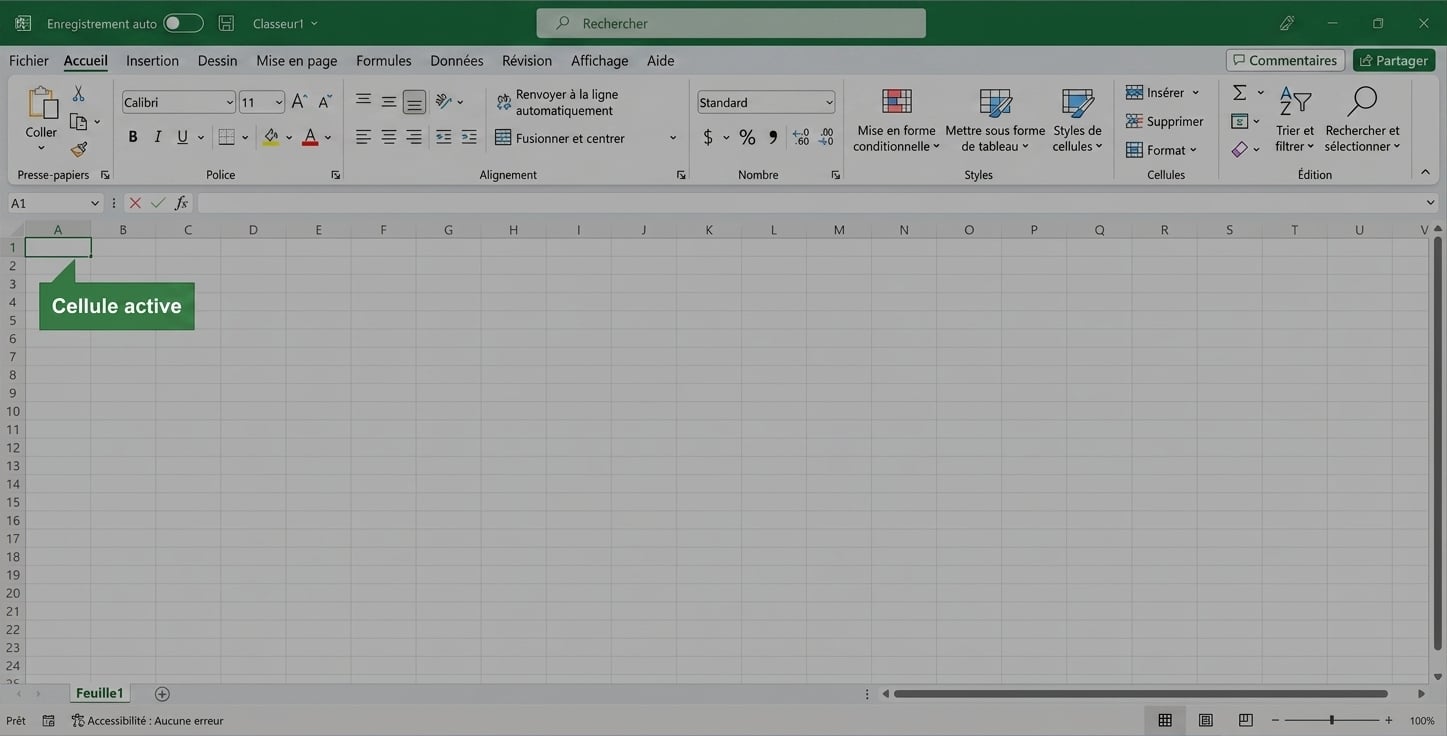 Fichier Excel mettant en évidence la cellule active