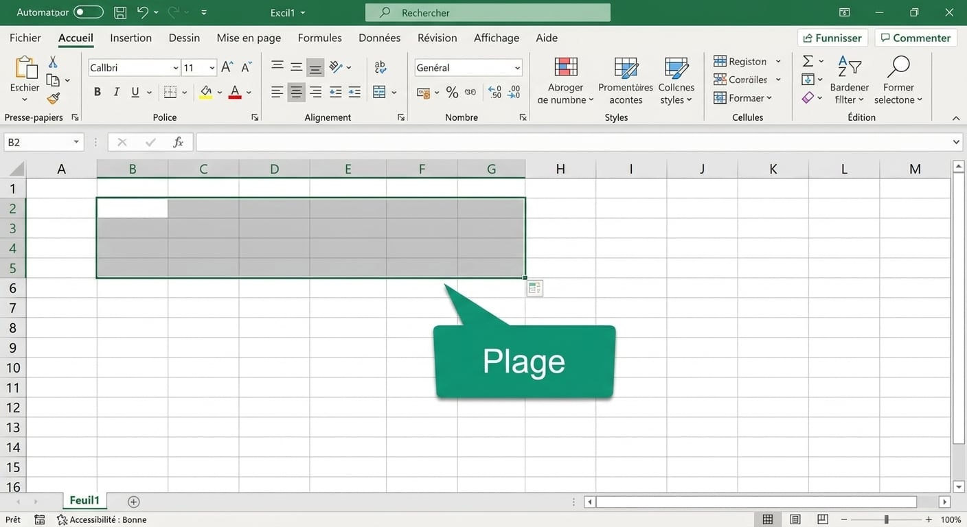 Fichier Excel mettant en évidence une sélection de plage