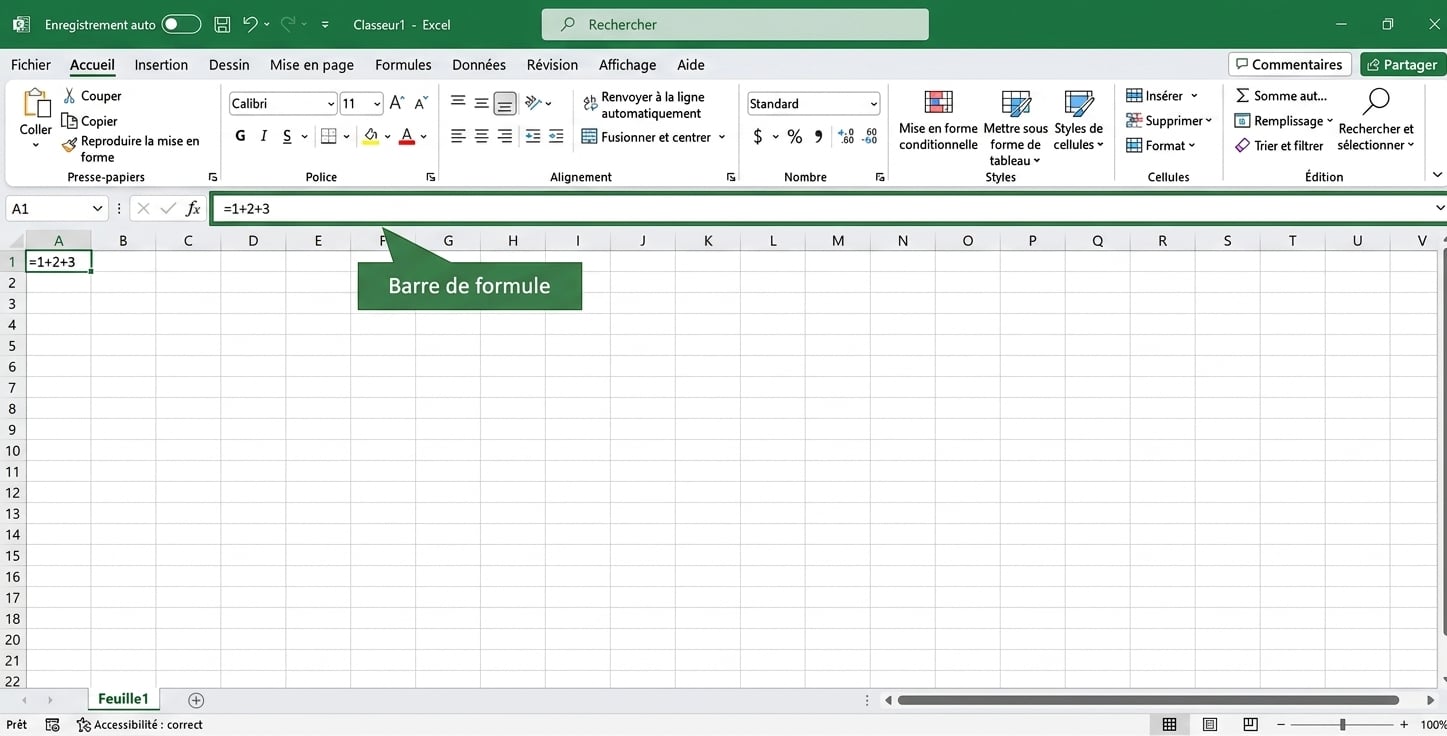 Fichier Excel mettant en évidence la barre de formule
