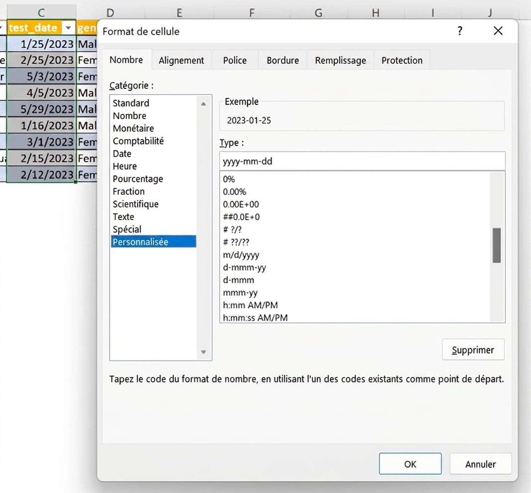Capture d'écran des données des résultats des tests, avec la colonne test_date sélectionnée et le format modifié en un format personnalisé