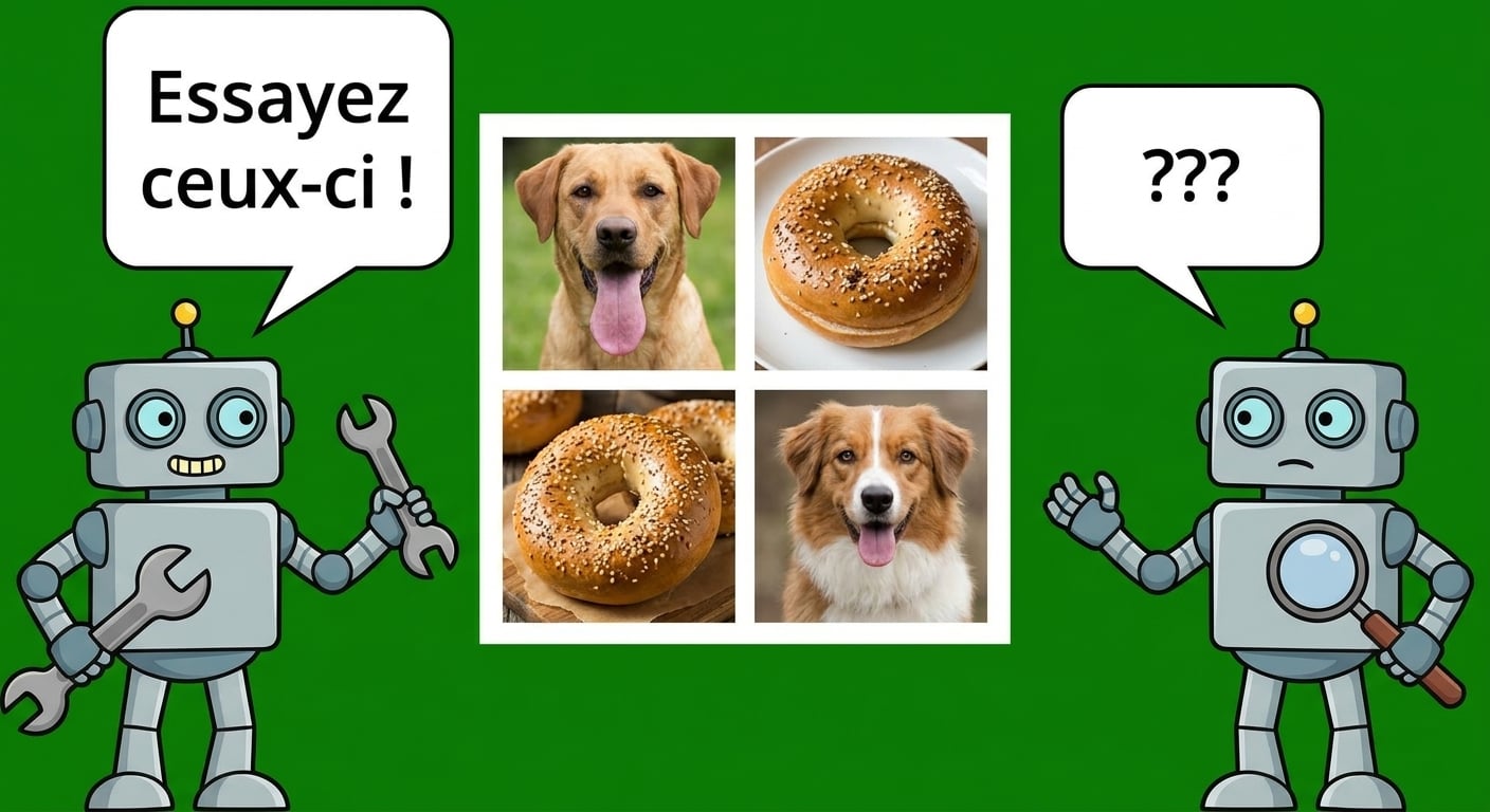 Un modèle génératif de dessins animés défiant un modèle discriminant avec des images de chiots recroquevillés pour ressembler à des bagels