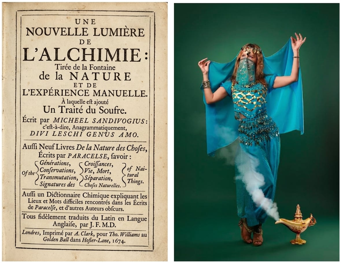 Images d'un manuscrit d'alchimie et d'un génie sortant d'une lampe magique