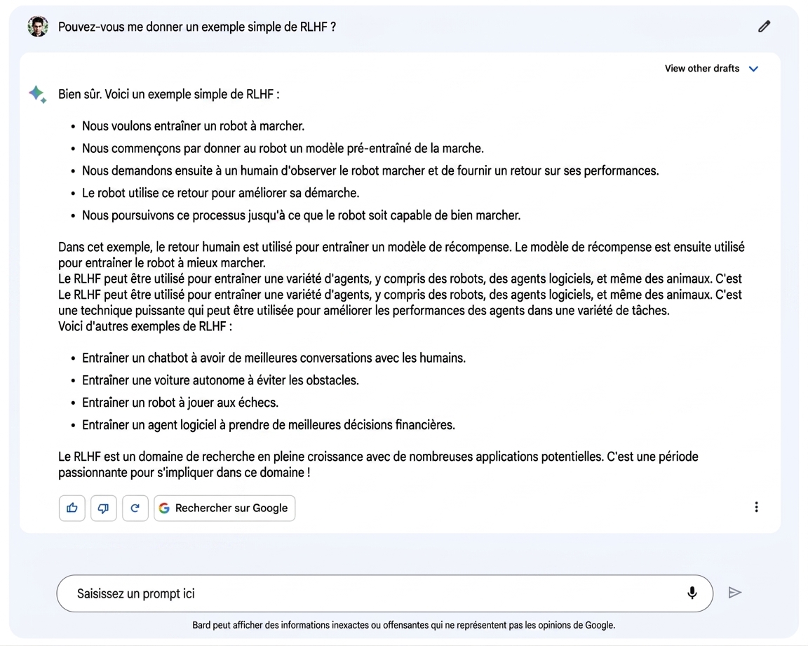 Image de l'interface de chat de Google Bard avec des options de rétroaction « pouce levé » et « pouce baissé » en surbrillance