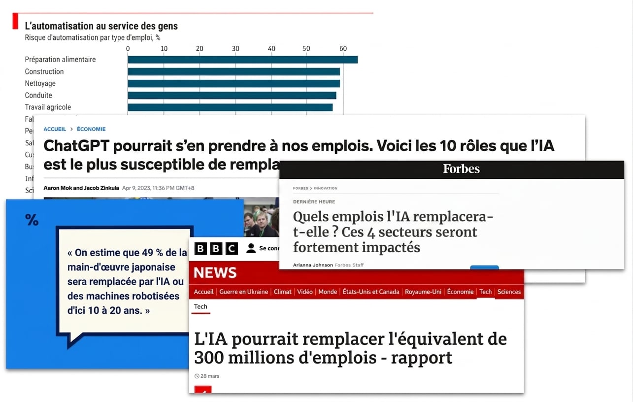 Des titres de presse et des images proclamant que l'IA remplacera toute une série d'emplois.