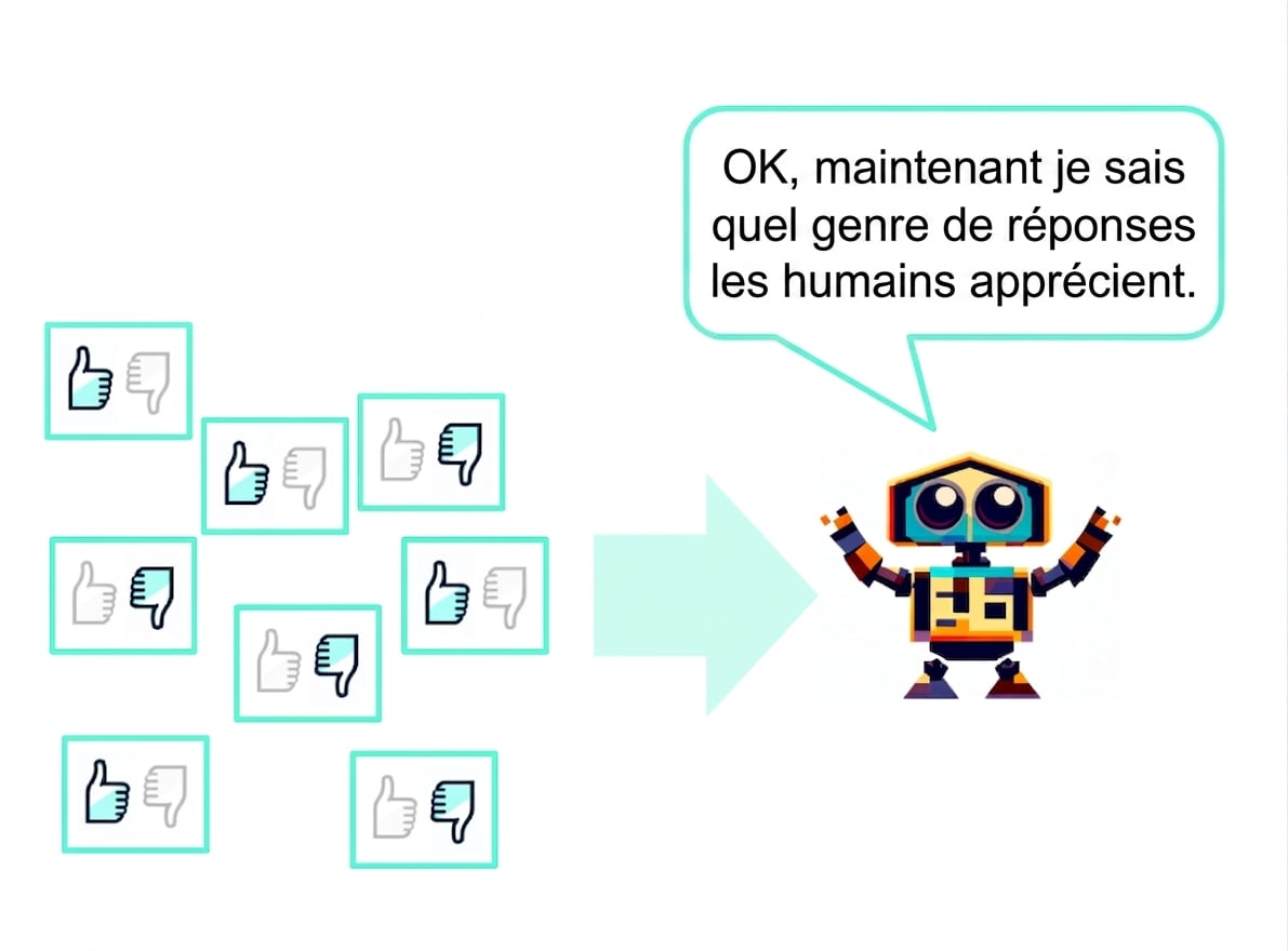 Plusieurs réponses textuelles notées « pouce en l'air » ou « pouce en bas » sont transmises à un robot qui dit : « Bon, maintenant je sais quel genre de réponses les humains aiment »