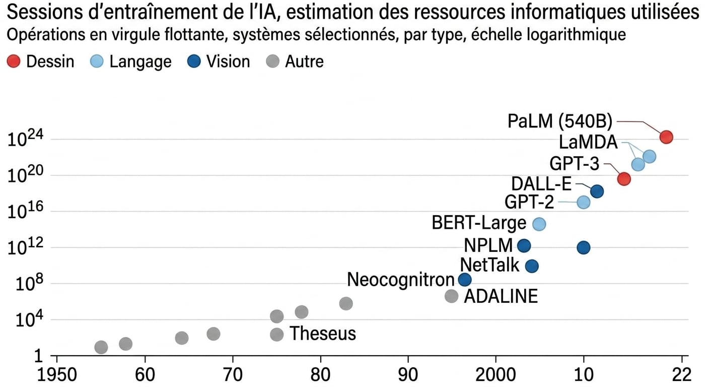 Graphique illustrant l'explosion exponentielle de la puissance de calcul requise pour entraîner les modèles d'intelligence artificielle, passant de moins de 10⁴ opérations en virgule flottante en 1950 à près de 10²⁴ en 2022.