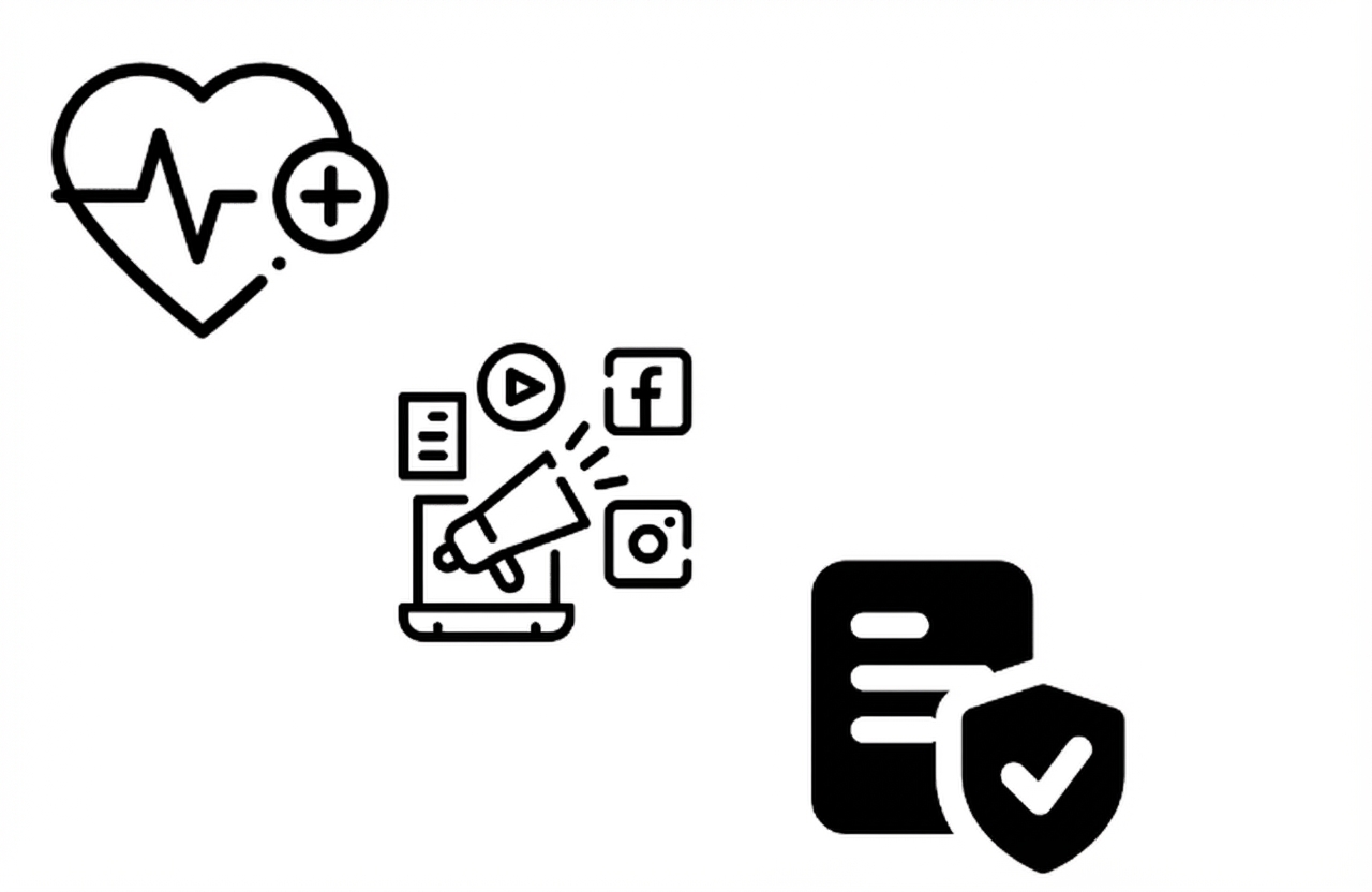 Icons representing the healthcare, media, and insurance sectors.