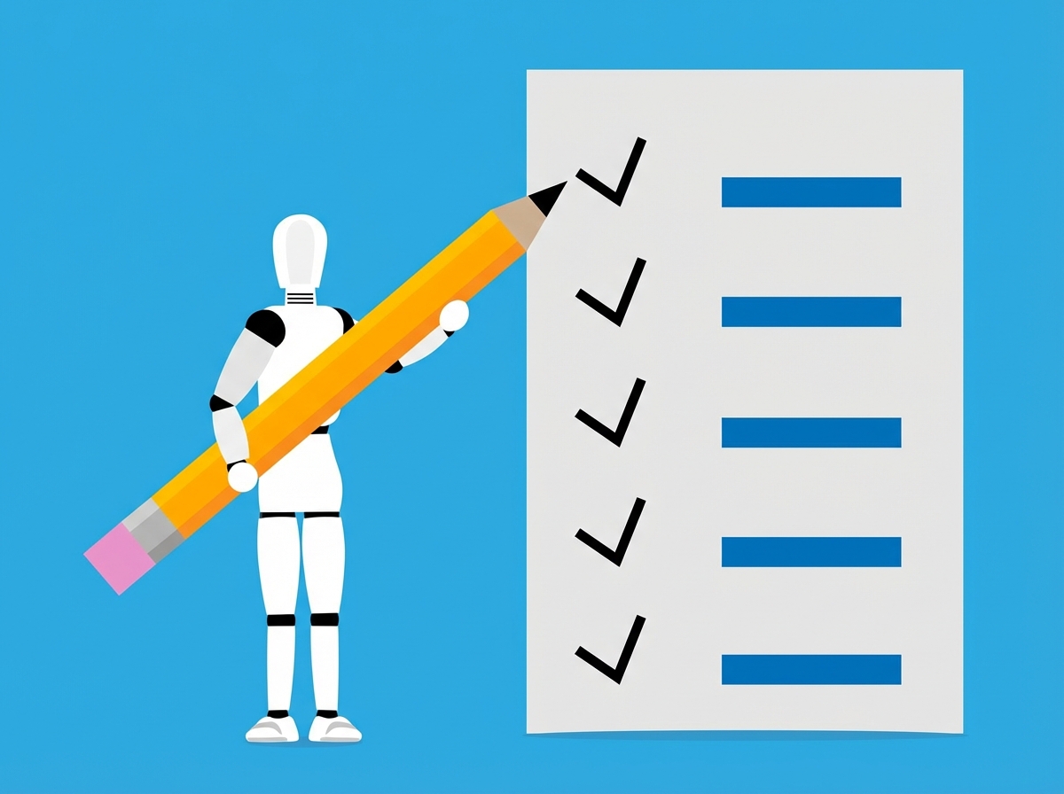 An image showing a robot standing next to a check list.