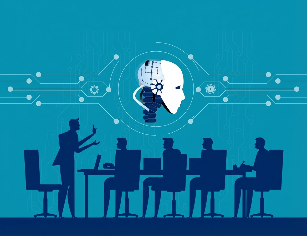 An illustration of people raising concerns about AI during a meeting.