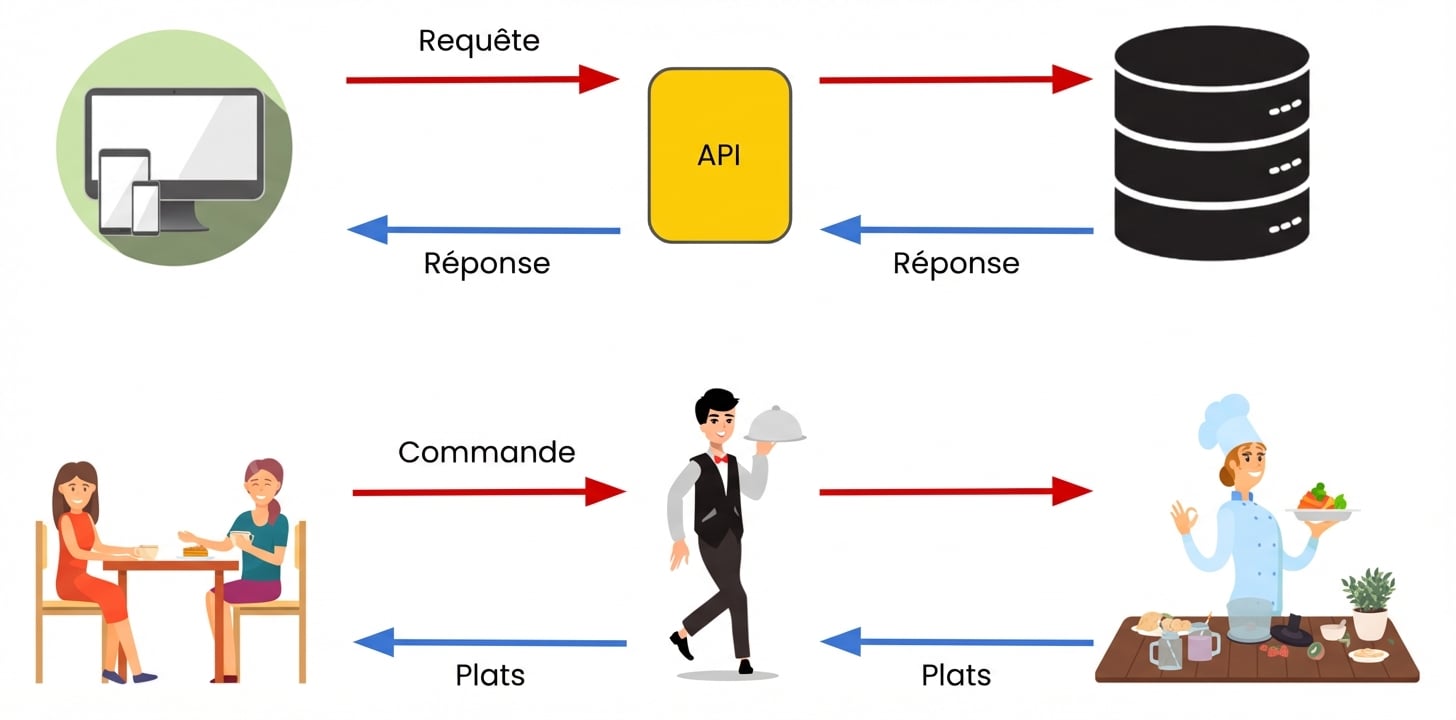 A waiter delivering orders and food between the kitchen and tables. This mimics how APIs operate between devices and systems.