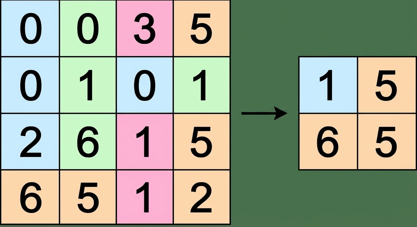 Une matrice 4×4 dont chaque quadrant 2×2 a une couleur différente devient 2×2 après max pooling.