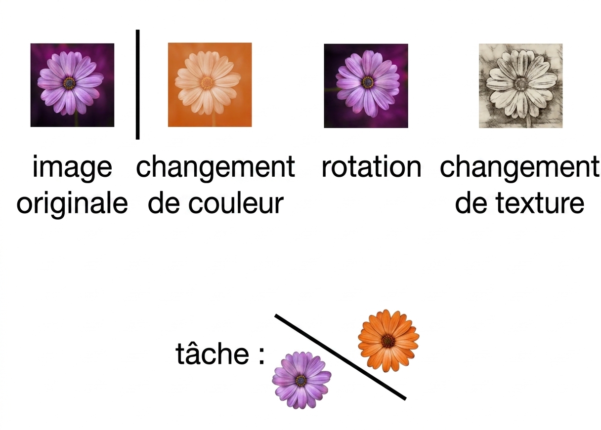 Image d’une fleur transformée de trois façons&nbsp;: rotation, décalage de couleur et modification de texture.