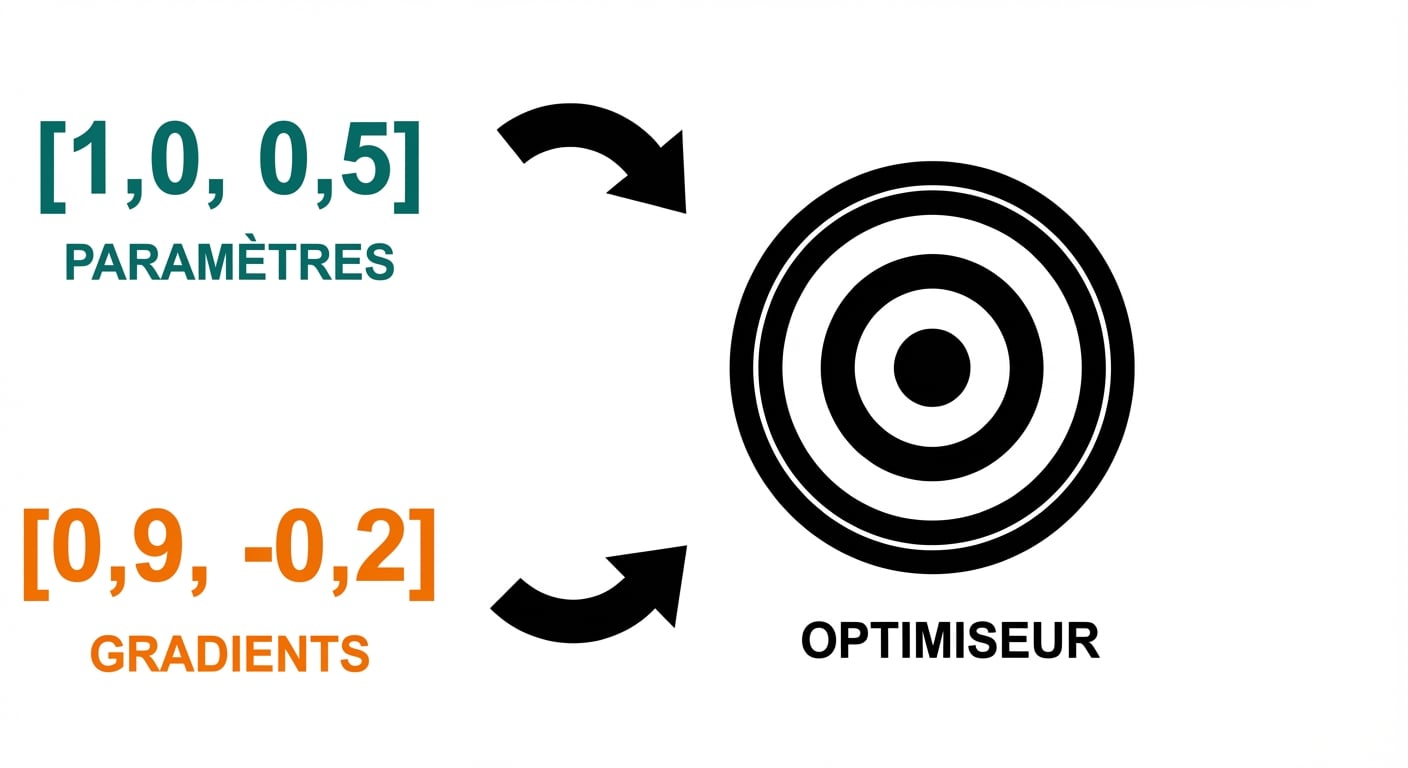 Des flèches montrent comment les deux vecteurs (paramètres et gradients) entrent dans l’optimiseur, dessiné comme une cible.