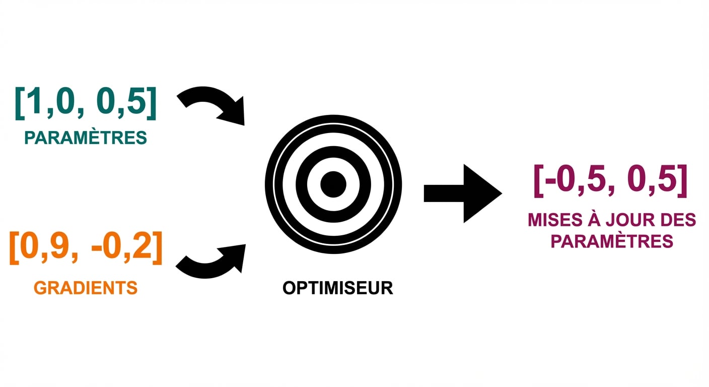 Une flèche depuis l’optimiseur pointe vers un vecteur de deux mises à jour : -0,5 et 0,5.