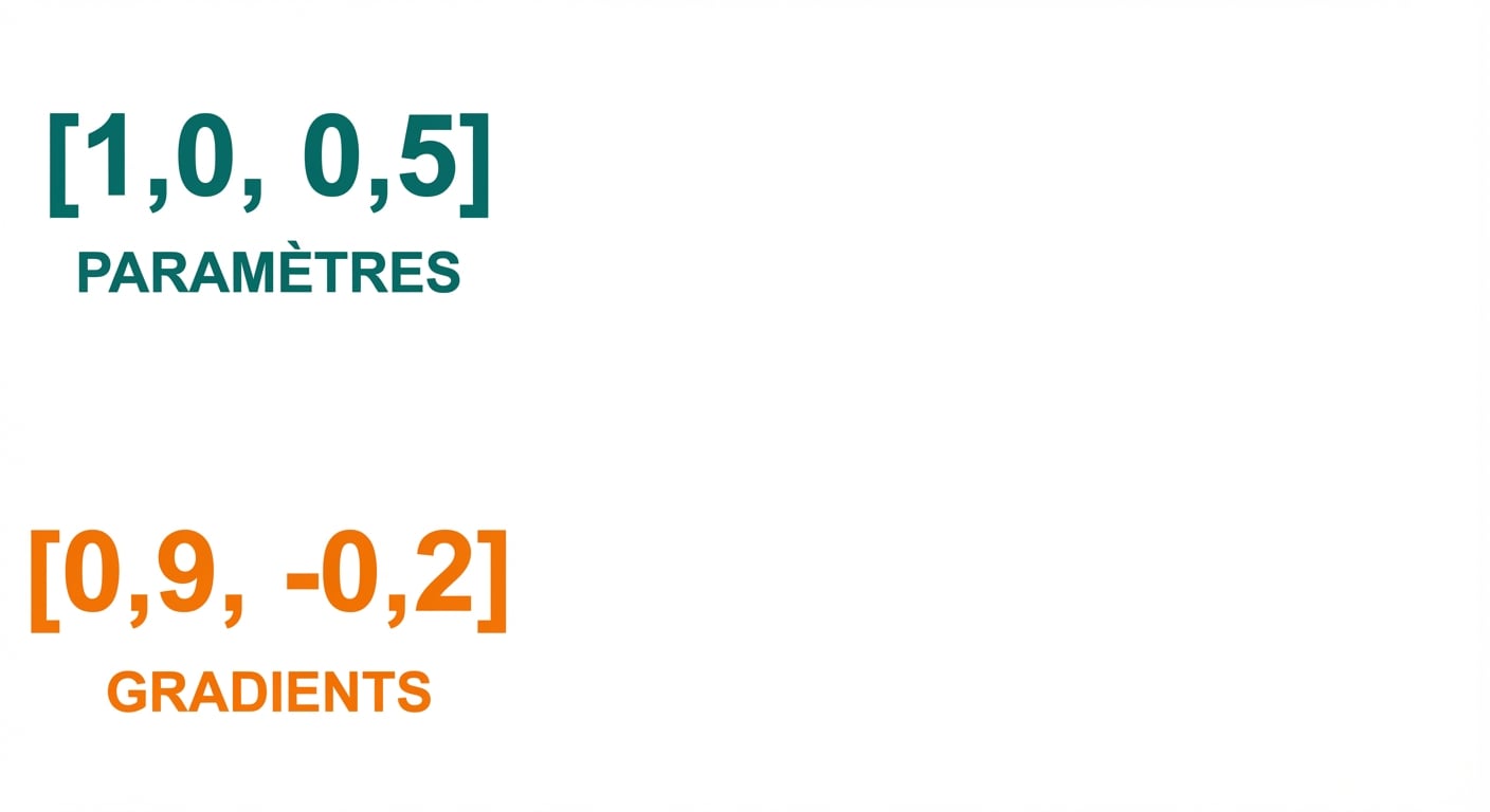 Deux vecteurs de longueur deux : l’un avec des paramètres (1 et 0,5), l’autre avec des gradients (0,9 et -0,2).