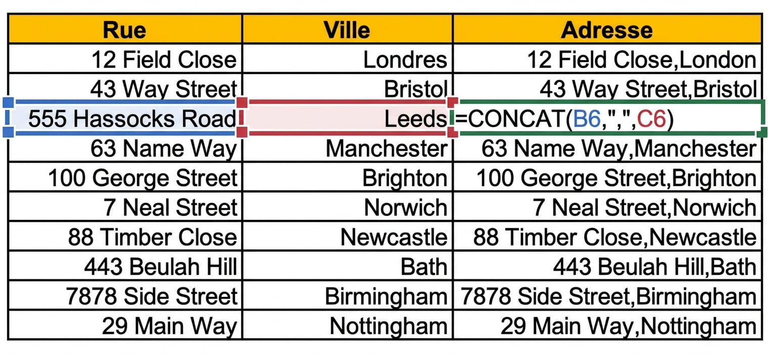 Image d'un tableau Excel présentant la rue et la ville dans des colonnes distinctes, avec une troisième colonne utilisant la fonction CONCAT pour combiner les informations.