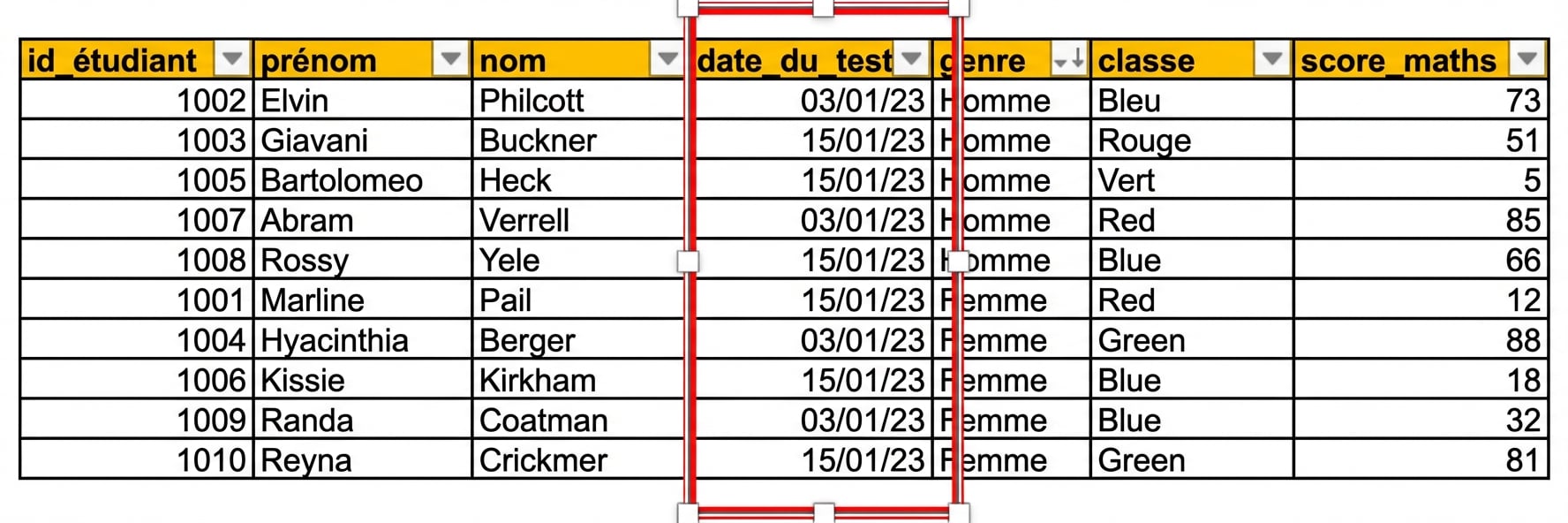 Exemple de tableau de données de tests d'élèves saisi manuellement dans Excel, avec la colonne « date » (test_date) mise en évidence.
