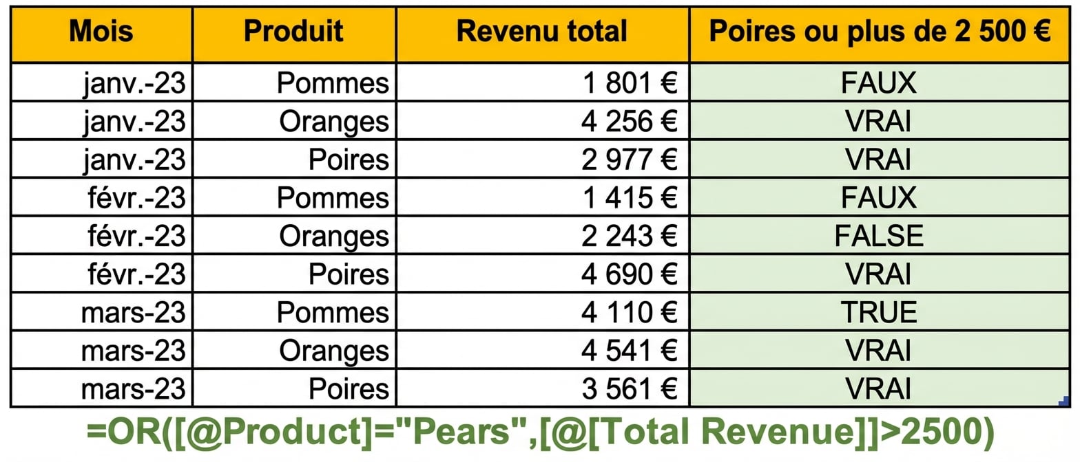 Exemple de données dans Excel illustrant la création d'une colonne à l'aide de la fonction OR et de deux variables comme conditions.