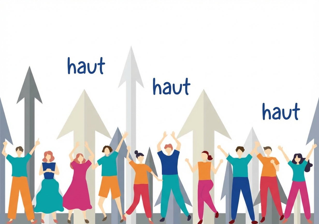 Une image représentant des personnes pointant du doigt et regardant vers le haut, avec des flèches orientées vers le haut et le mot « up » (haut) écrit au-dessus d'elles.