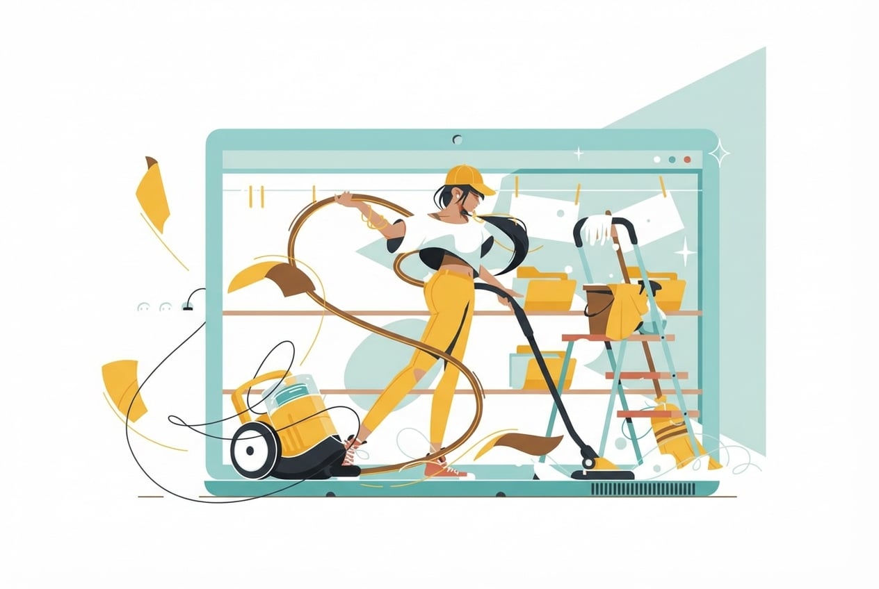 Illustration représentant une femme nettoyant et organisant des données à l'aide d'appareils ménagers.