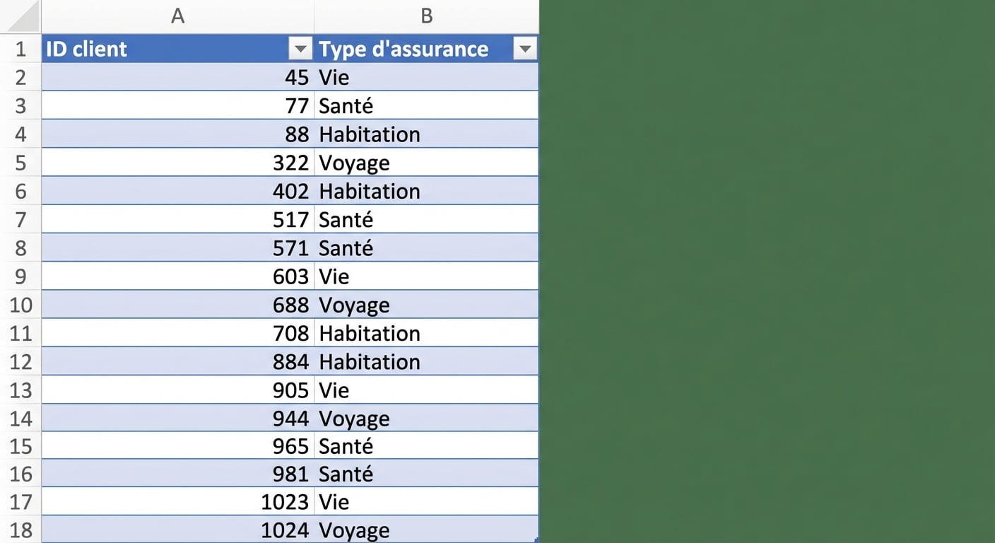 Données d'assurance indiquant l'identifiant du client et le type d'assurance