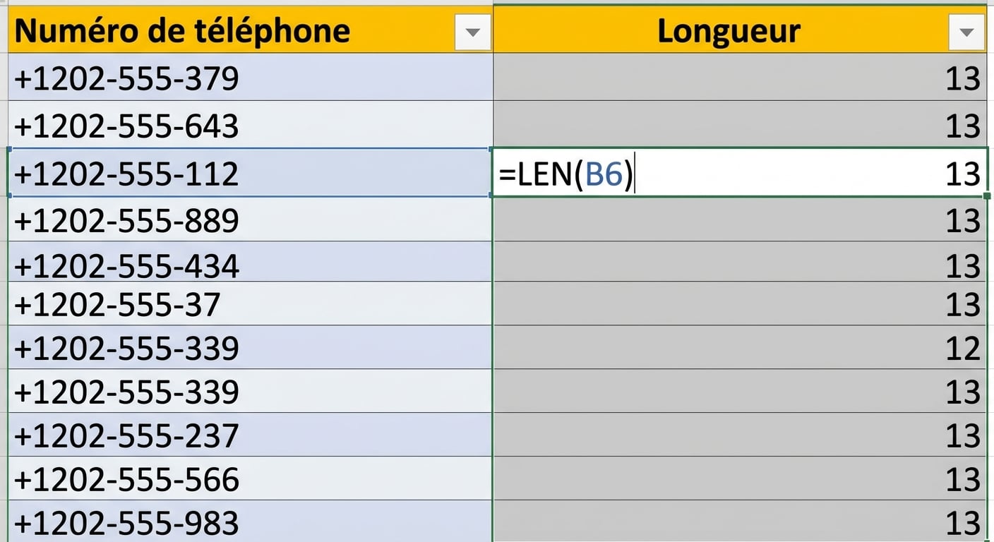 Image représentant un tableau Excel contenant des numéros de téléphone dans une colonne et l'utilisation de la formule LEN pour compter et vérifier la longueur des numéros de téléphone saisis