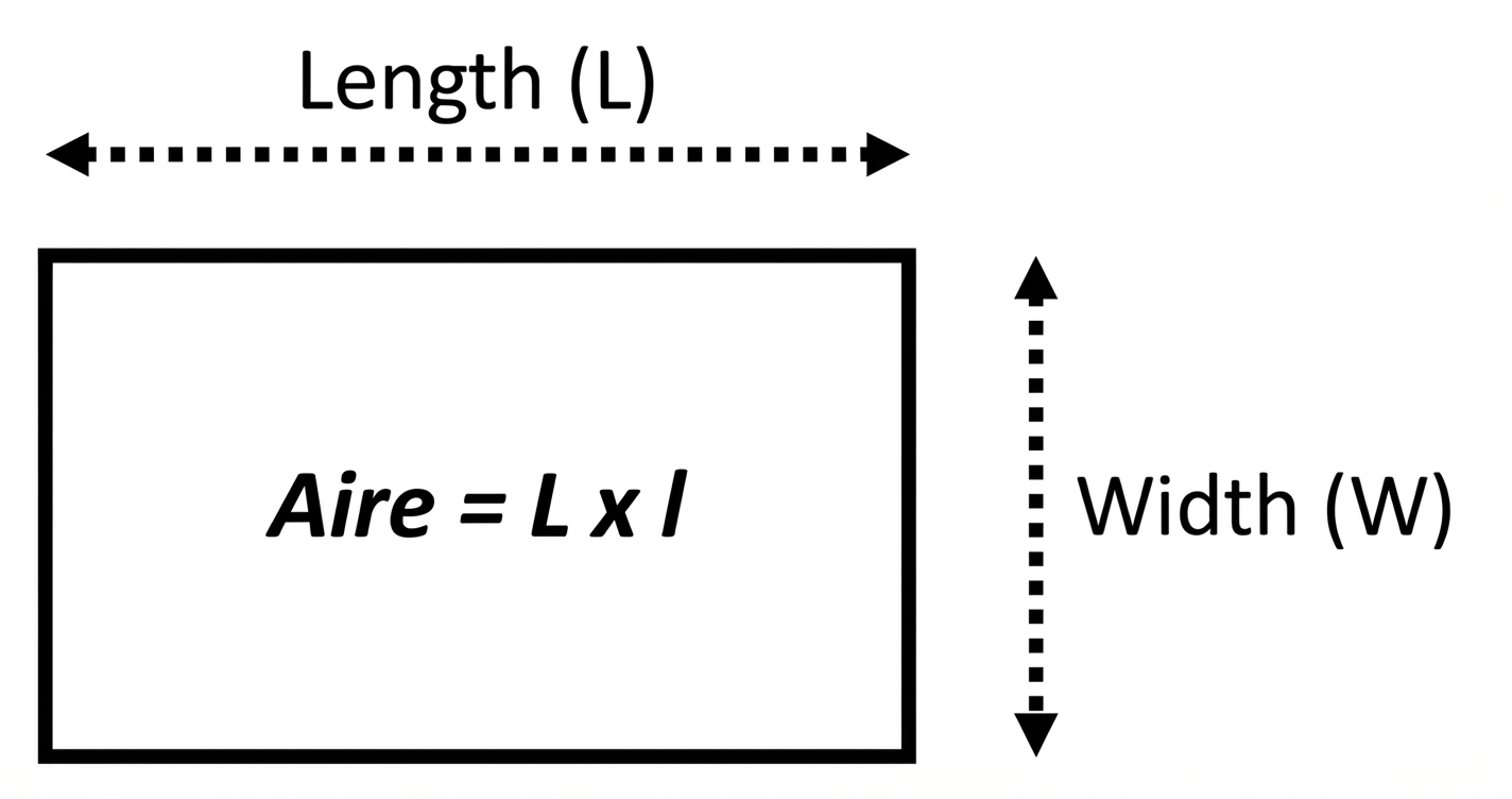 Image showing a rectangle and the formula to compute its area given its width and length. Area = length*width.