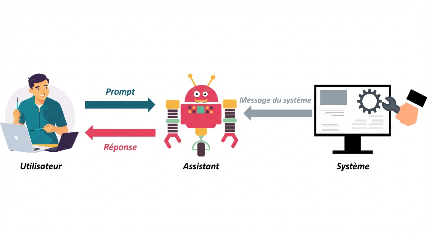 Image showing an icon for each of the three roles, with a communication arrow between the system and the assistant to send system's messages, a communication arrow between the user and the assistant to send a prompt, and a communication arrow between the assistant and the user to send the response.