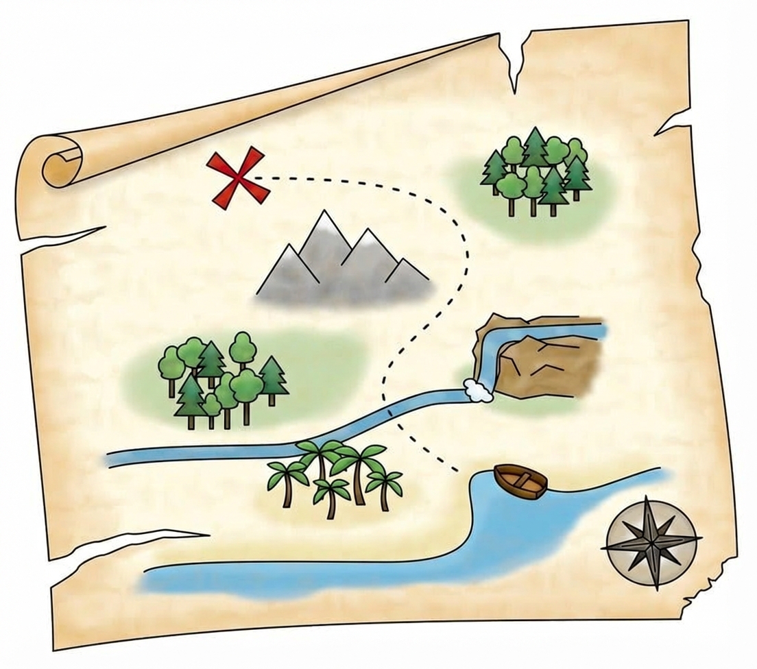 Image representing a treasure map along with some clues to find the treasure.