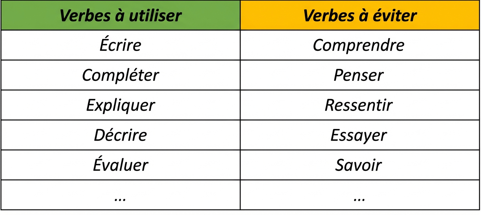 Table for the verbs to use including write, complete, explain, describe, or evaluate, and the verbs to avoid using such as understand, think, feel, try, and know.