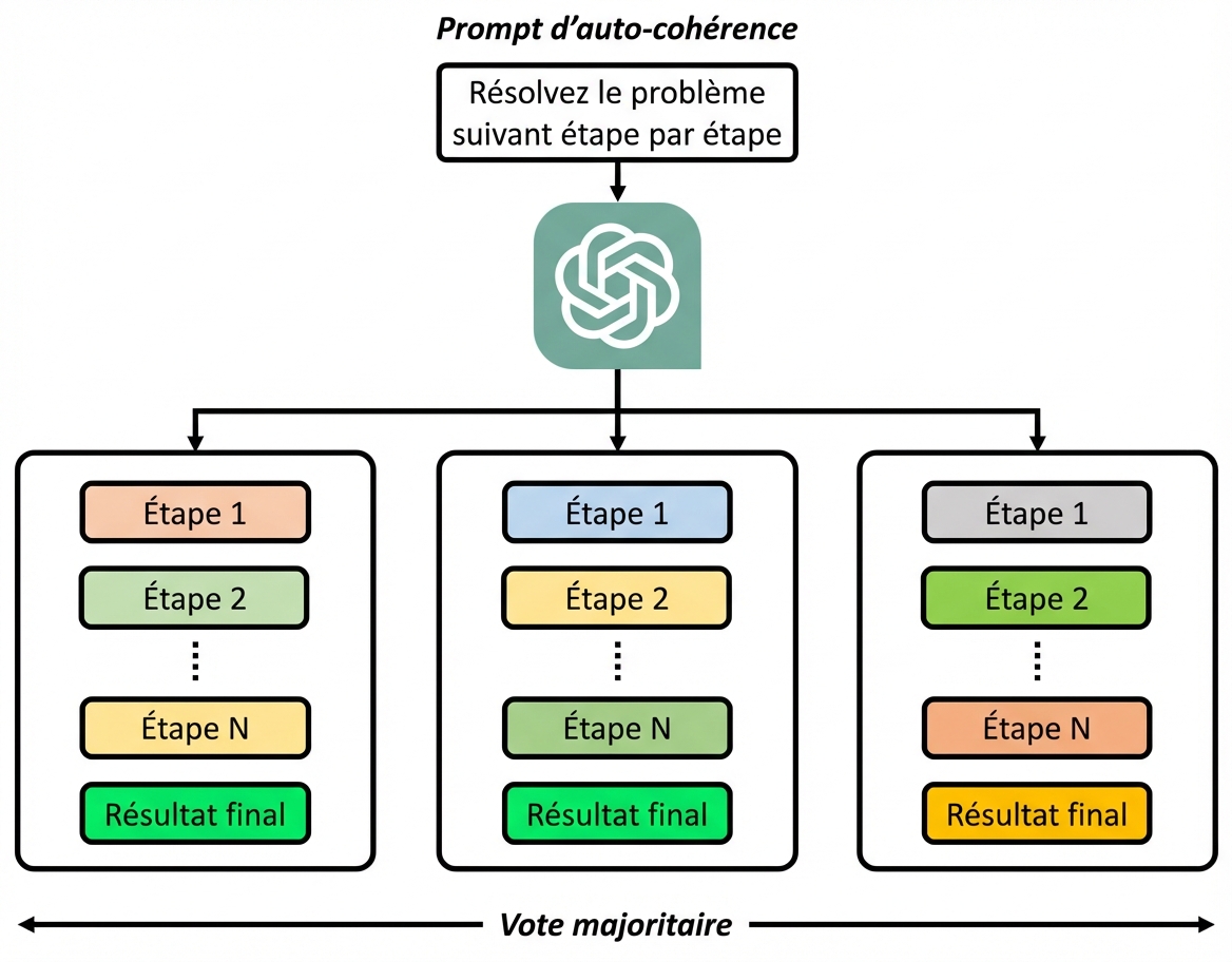 Image showing that a self-consistency prompt is just about multiple chain-of-thoughts, each of which having an output, and the final outcome is obtained by majority vote.