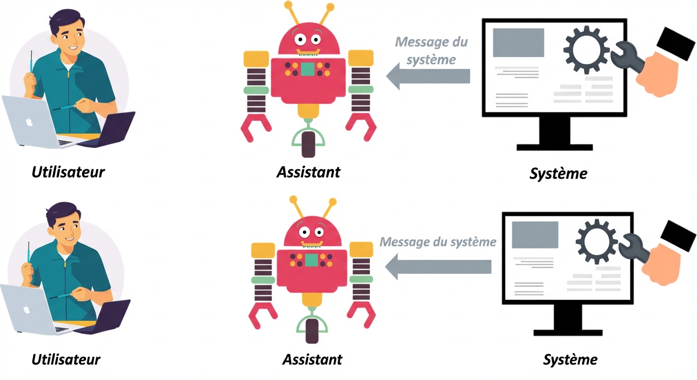 Image showing an icon for each of the three roles, with a communication arrow between the system and the assistant to send system's messages.