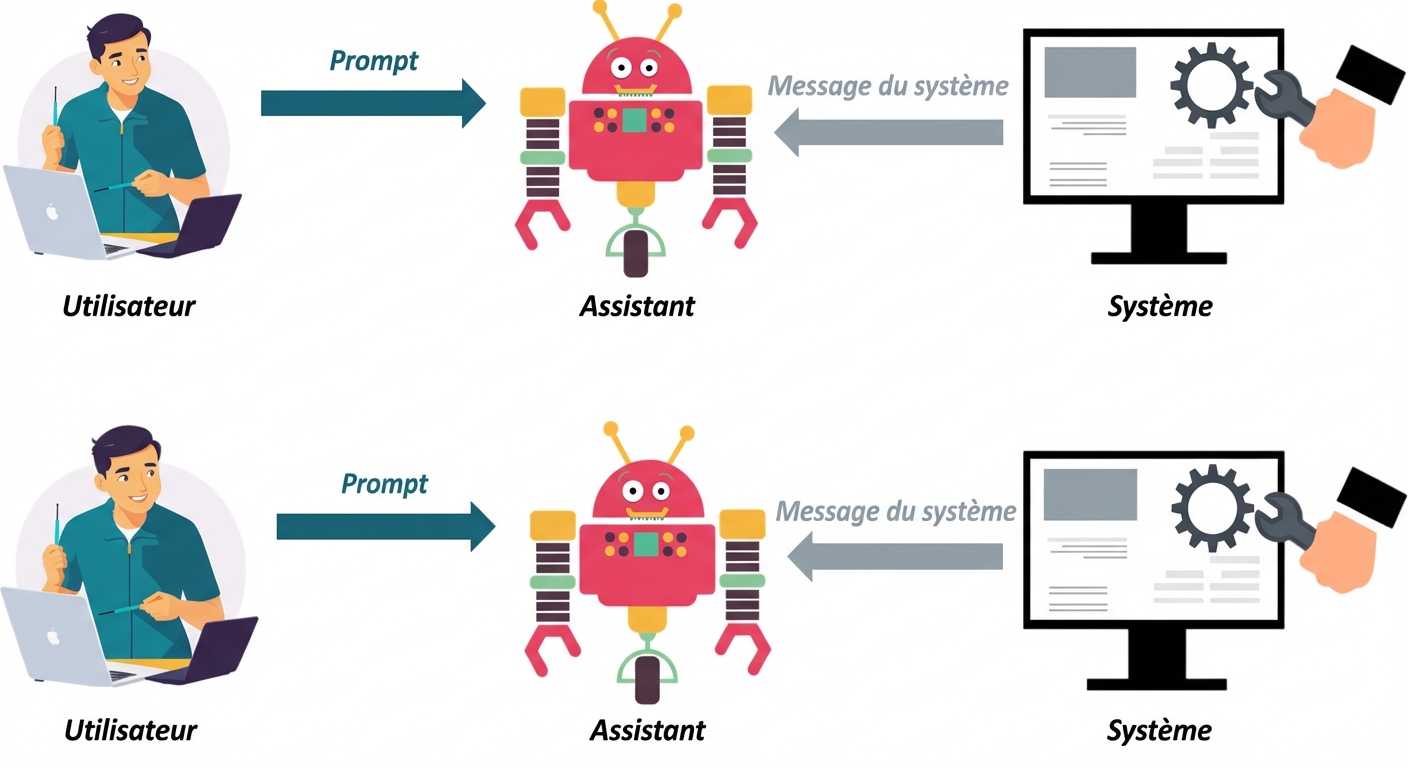 Image showing an icon for each of the three roles, with a communication arrow between the system and the assistant to send system's messages, and a communication arrow between the user and the assistant to send a prompt.