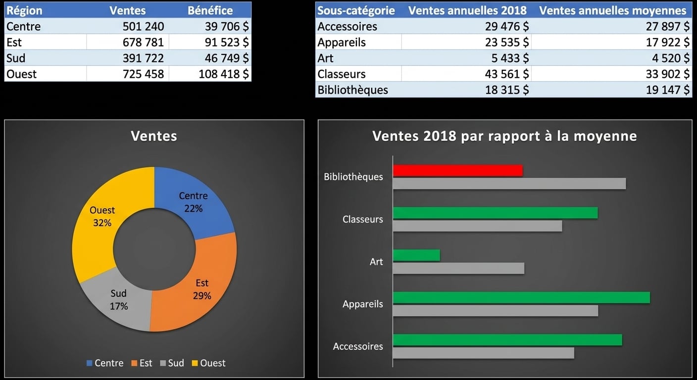 Exemples de tables et de graphiques lors de la visualisation des données agrégées
