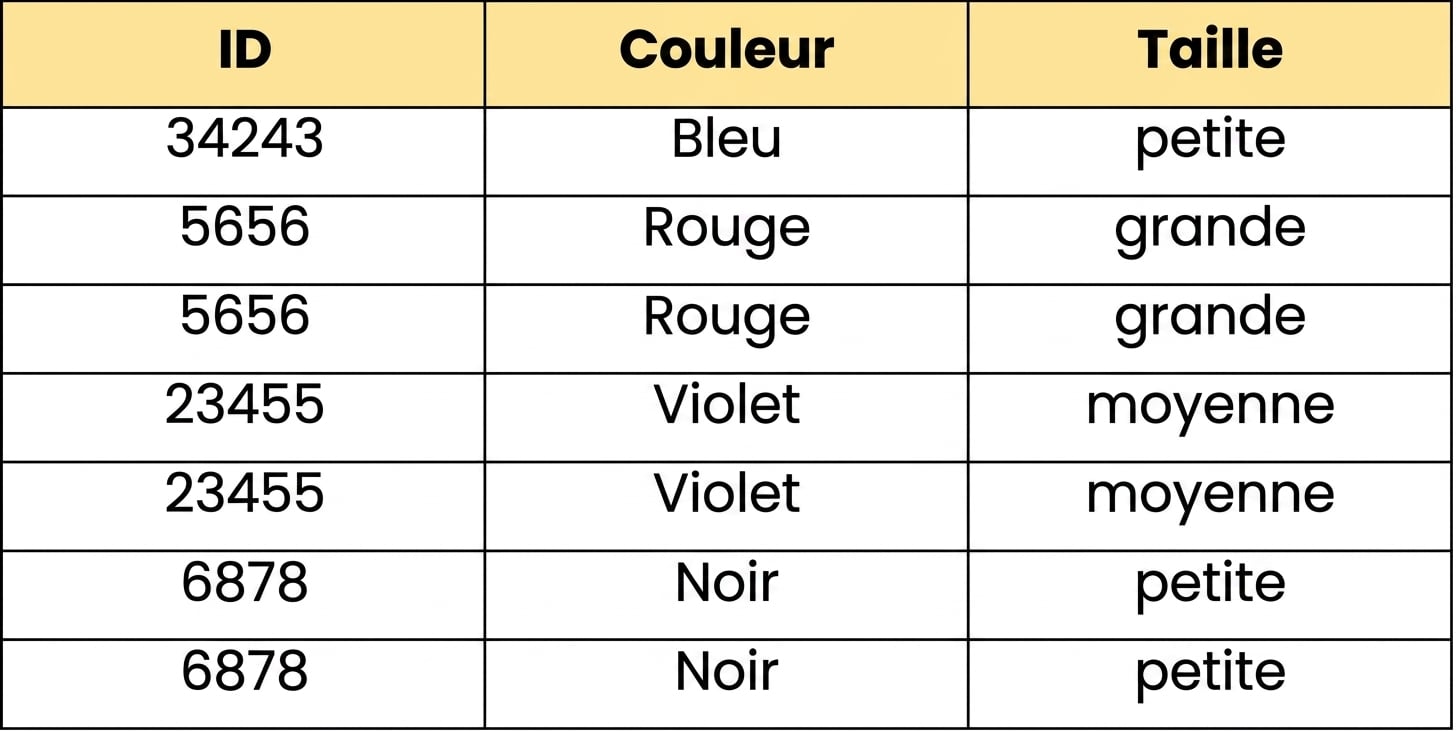 Une illustration d'une table répertoriant différents blocs lego individuels