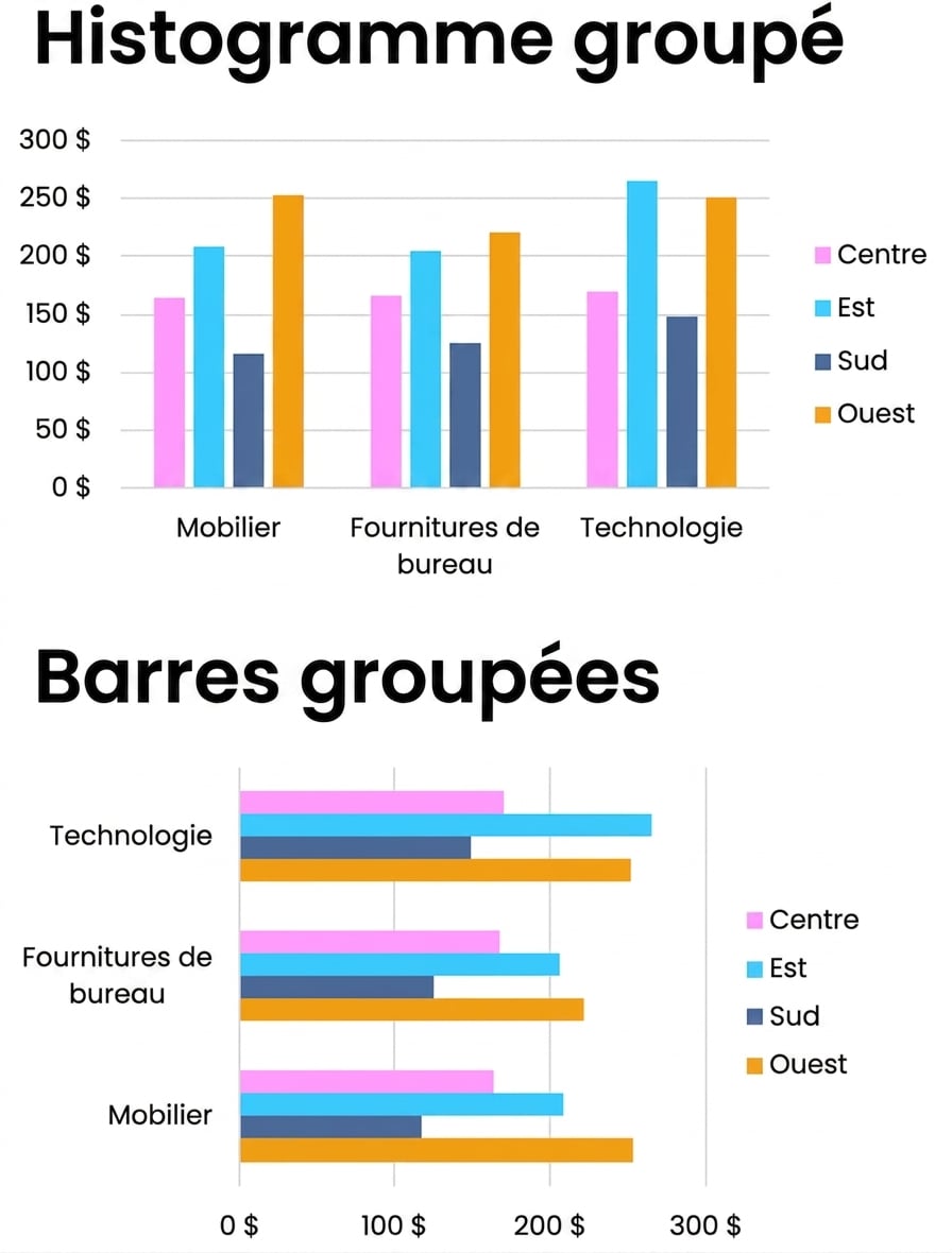 Exemples de graphiques à barres groupées et de graphiques en colonnes groupées