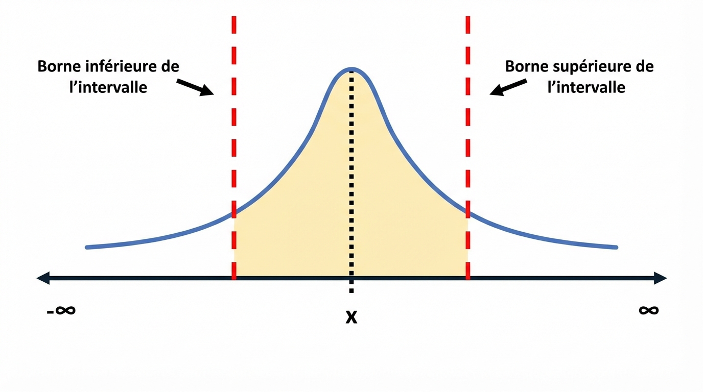 Une courbe de distribution avec les limites inférieure et supérieure indiquées