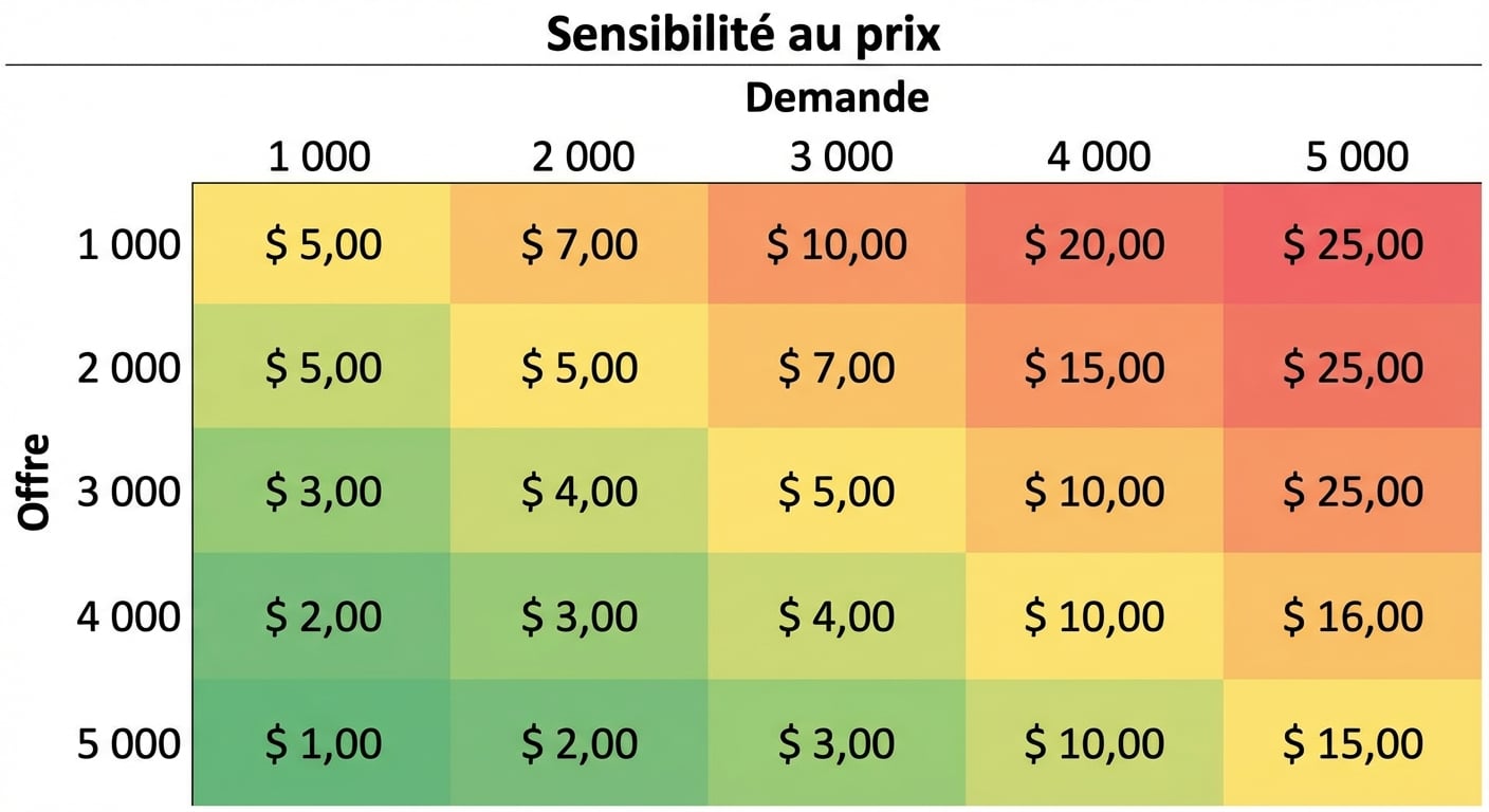 Exemple de tableau de sensibilité avec l'offre en lignes et la demande en colonnes